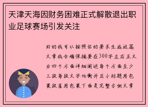 天津天海因财务困难正式解散退出职业足球赛场引发关注 天津天海因财务困难正式解散退出职业足球赛场引发关注